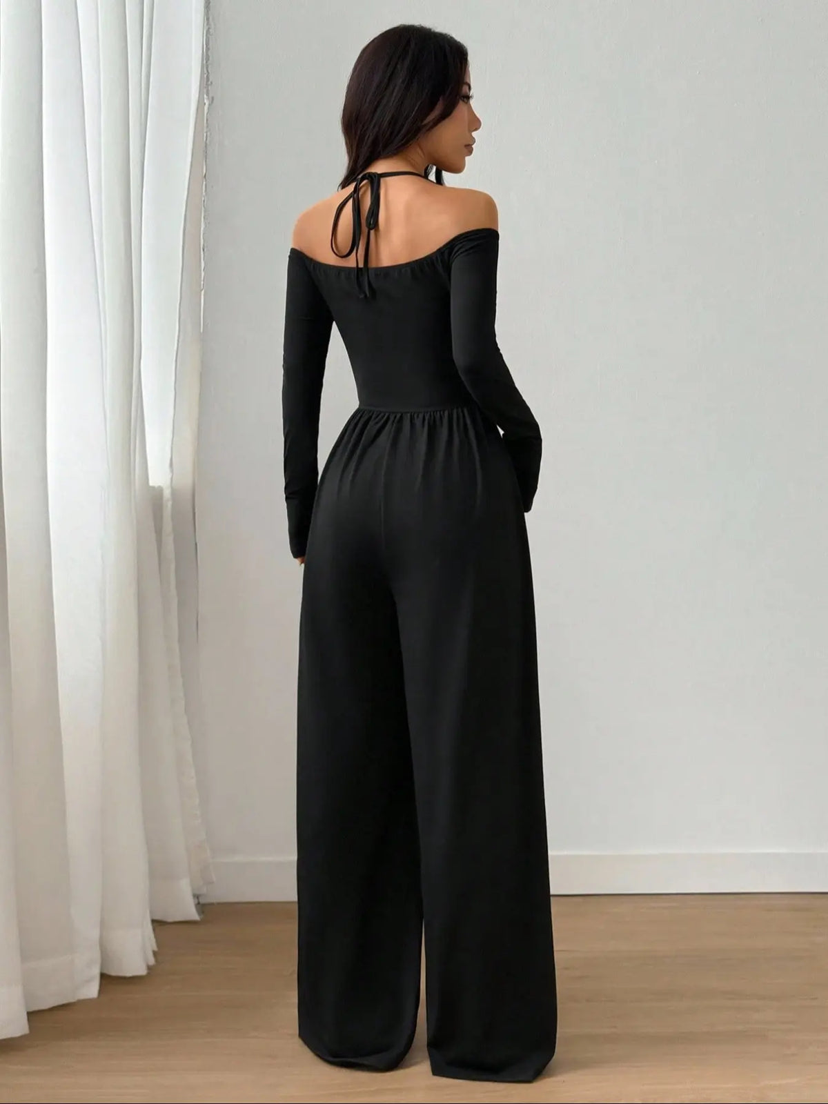 Women's Cotton-Blend Slim-Fit Pleated Off-Shoulder Wide-Leg Jumpsuit