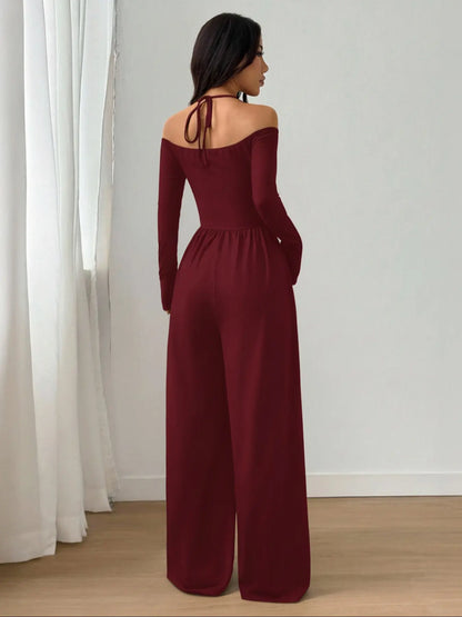 Women's Cotton-Blend Slim-Fit Pleated Off-Shoulder Wide-Leg Jumpsuit