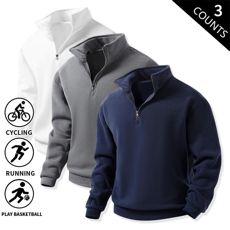 Men's 3-Pack 100% Cotton Brushed Fleece Relaxed-Fit Quarter-Zip Sweatshirts
