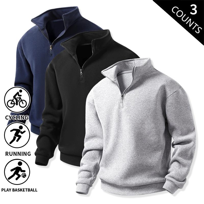 Men's 3-Pack 100% Cotton Brushed Fleece Relaxed-Fit Quarter-Zip Sweatshirts