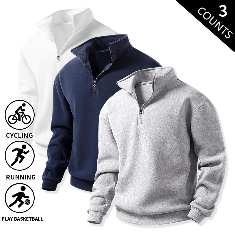 Men's 3-Pack 100% Cotton Brushed Fleece Relaxed-Fit Quarter-Zip Sweatshirts