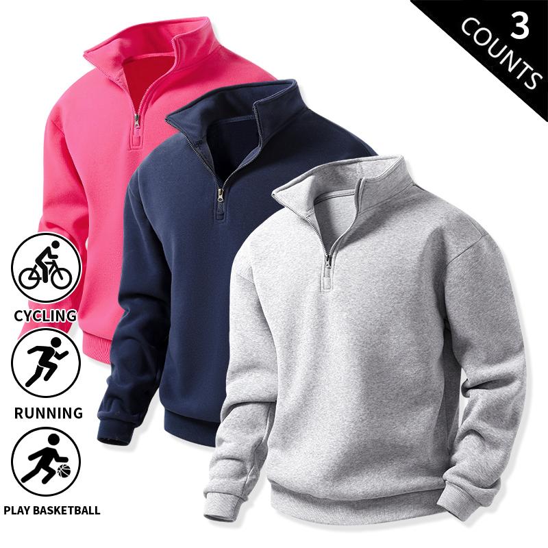 Men's 3-Pack 100% Cotton Brushed Fleece Relaxed-Fit Quarter-Zip Sweatshirts