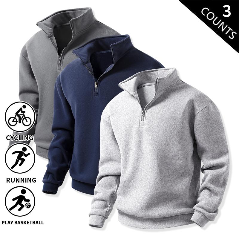 Men's 3-Pack 100% Cotton Brushed Fleece Relaxed-Fit Quarter-Zip Sweatshirts