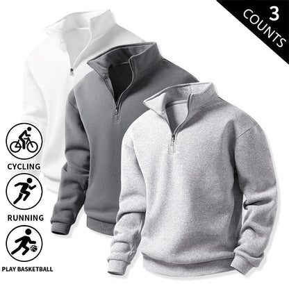 Men's 3-Pack 100% Cotton Brushed Fleece Relaxed-Fit Quarter-Zip Sweatshirts