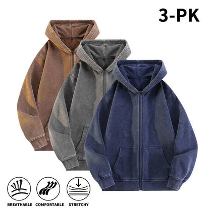 Men’s 100% Cotton Retro-Washed Brushed-Fleece Full-Zip Hoodie