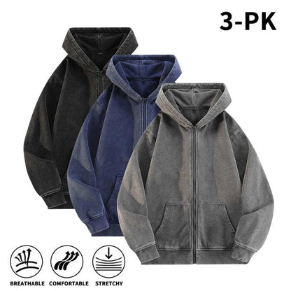 Men’s 100% Cotton Retro-Washed Brushed-Fleece Full-Zip Hoodie