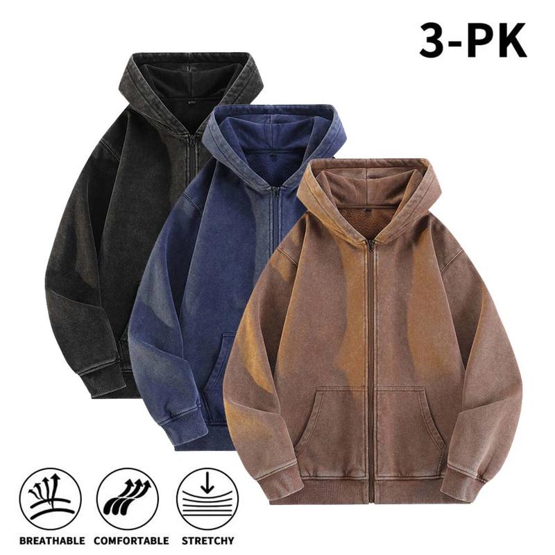 Men’s 100% Cotton Retro-Washed Brushed-Fleece Full-Zip Hoodie