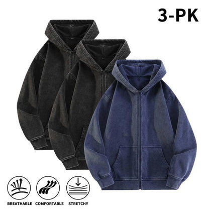 Men’s 100% Cotton Retro-Washed Brushed-Fleece Full-Zip Hoodie