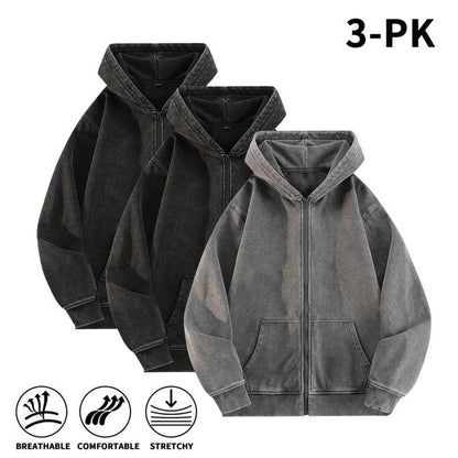 Men’s 100% Cotton Retro-Washed Brushed-Fleece Full-Zip Hoodie