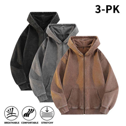 Men’s 100% Cotton Retro-Washed Brushed-Fleece Full-Zip Hoodie