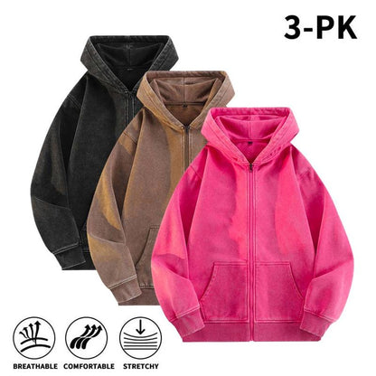 Men’s 100% Cotton Retro-Washed Brushed-Fleece Full-Zip Hoodie
