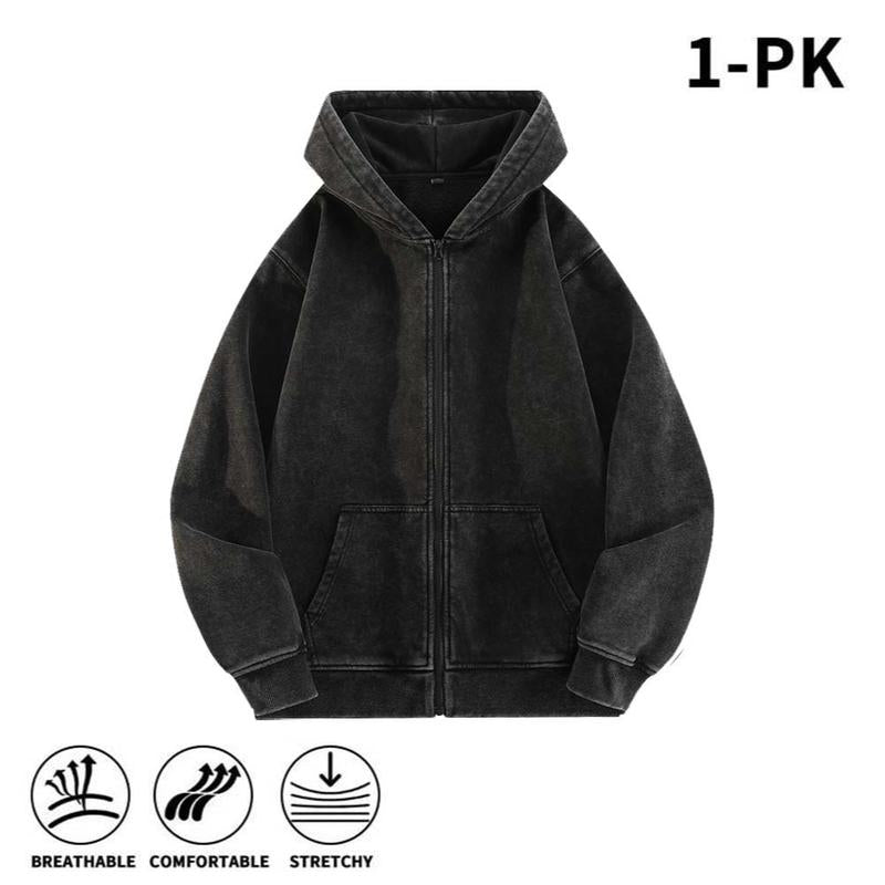 Men’s 100% Cotton Retro-Washed Brushed-Fleece Full-Zip Hoodie