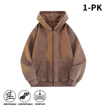 Men’s 100% Cotton Retro-Washed Brushed-Fleece Full-Zip Hoodie