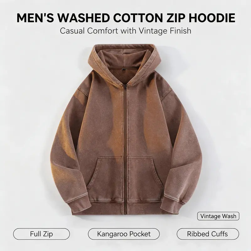 Men’s 100% Cotton Retro-Washed Brushed-Fleece Full-Zip Hoodie