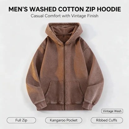 Men’s 100% Cotton Retro-Washed Brushed-Fleece Full-Zip Hoodie