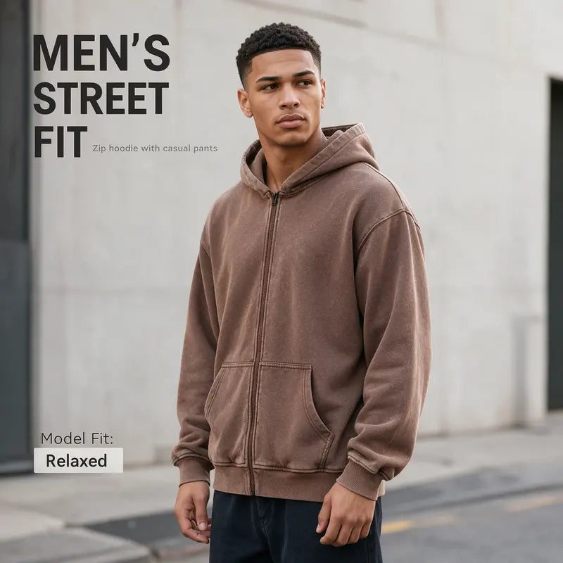 Men’s 100% Cotton Retro-Washed Brushed-Fleece Full-Zip Hoodie
