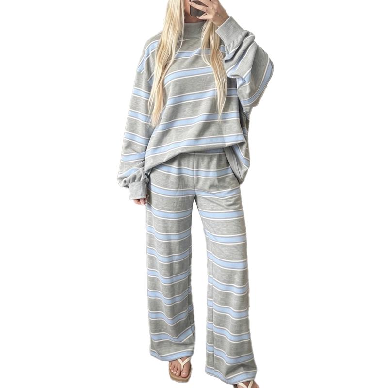 Women’s Cotton-Wool Striped Knit Mock-Neck Pullover & Wide-Leg Pants Set