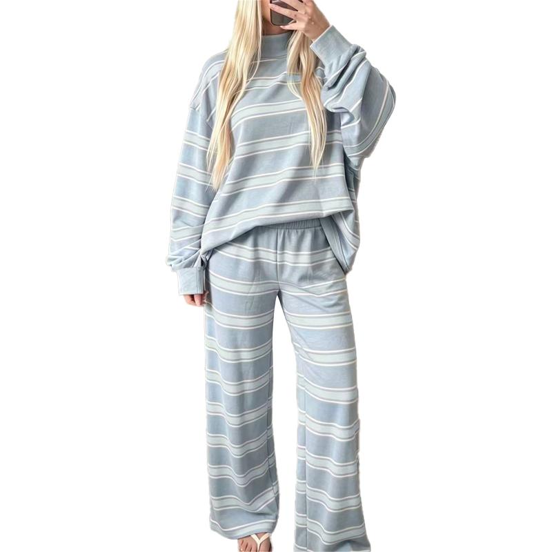 Women’s Cotton-Wool Striped Knit Mock-Neck Pullover & Wide-Leg Pants Set