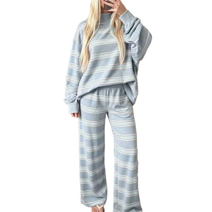 Women’s Cotton-Wool Striped Knit Mock-Neck Pullover & Wide-Leg Pants Set