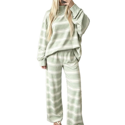 Women’s Cotton-Wool Striped Knit Mock-Neck Pullover & Wide-Leg Pants Set