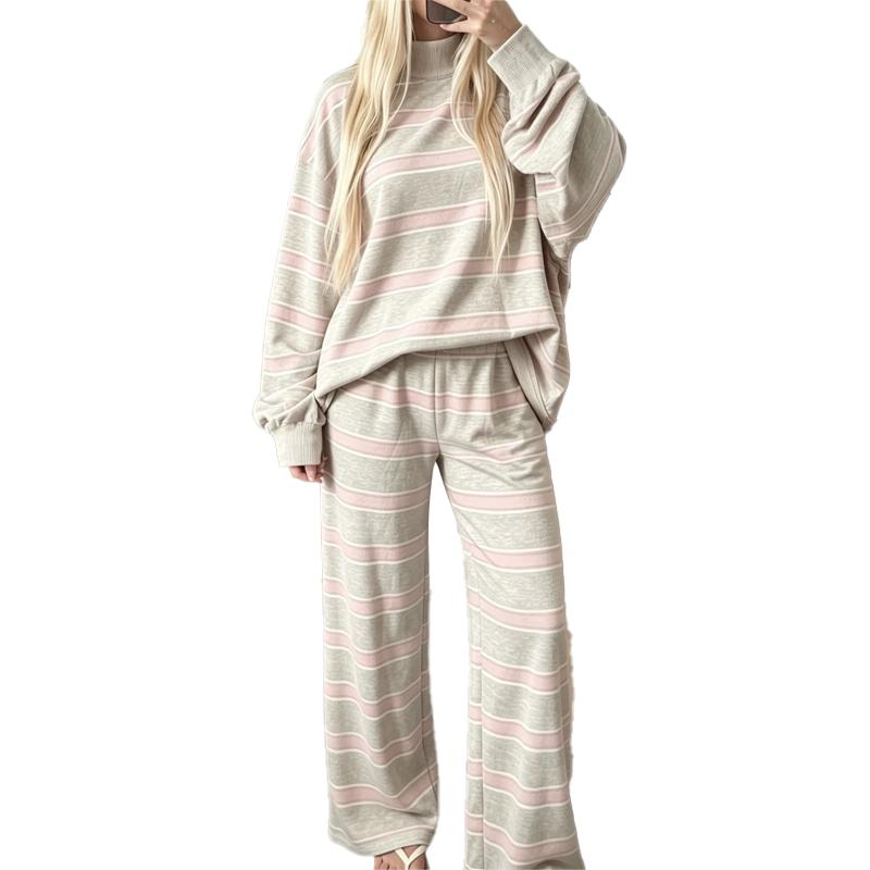 Women’s Cotton-Wool Striped Knit Mock-Neck Pullover & Wide-Leg Pants Set