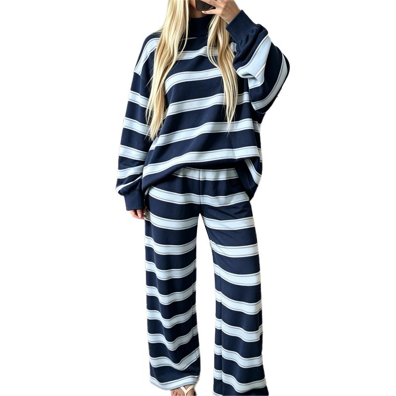 Women’s Cotton-Wool Striped Knit Mock-Neck Pullover & Wide-Leg Pants Set