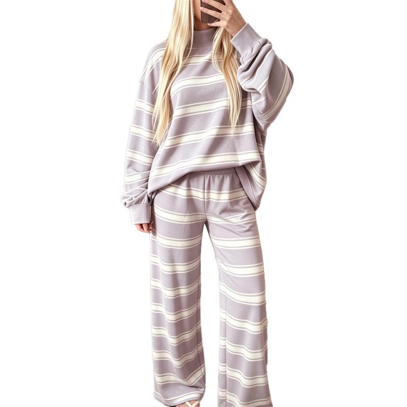 Women’s Cotton-Wool Striped Knit Mock-Neck Pullover & Wide-Leg Pants Set