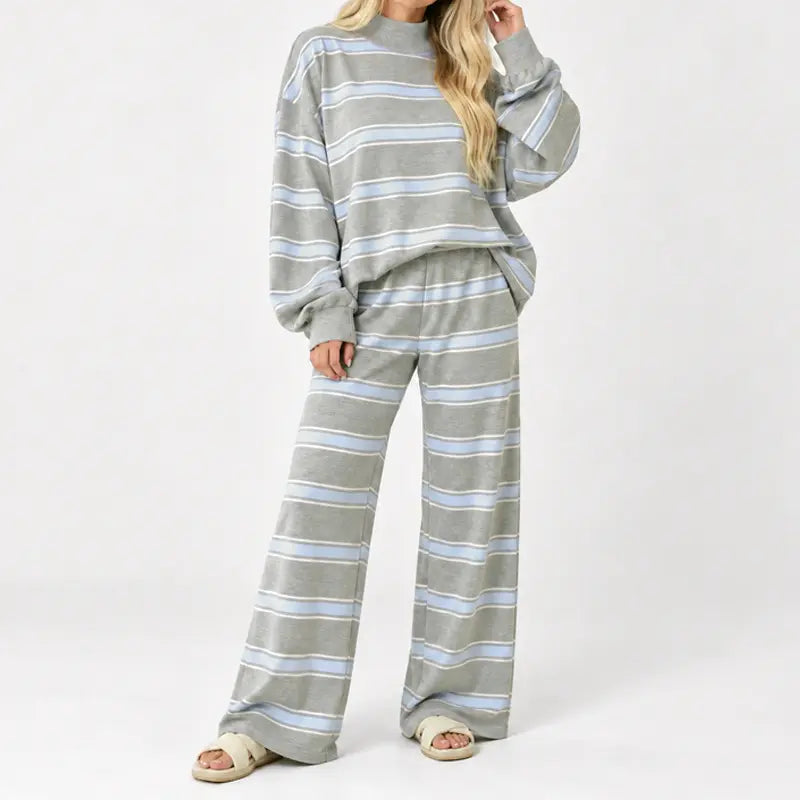 Women’s Cotton-Wool Striped Knit Mock-Neck Pullover & Wide-Leg Pants Set