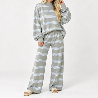 Women’s Cotton-Wool Striped Knit Mock-Neck Pullover & Wide-Leg Pants Set