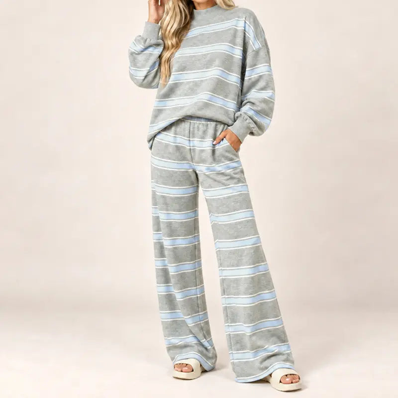 Women’s Cotton-Wool Striped Knit Mock-Neck Pullover & Wide-Leg Pants Set