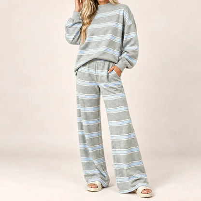 Women’s Cotton-Wool Striped Knit Mock-Neck Pullover & Wide-Leg Pants Set
