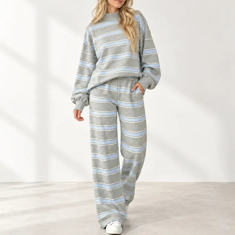 Women’s Cotton-Wool Striped Knit Mock-Neck Pullover & Wide-Leg Pants Set