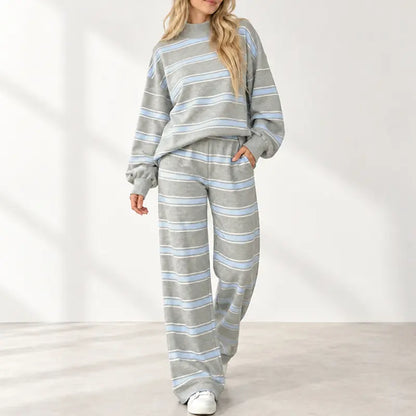 Women’s Cotton-Wool Striped Knit Mock-Neck Pullover & Wide-Leg Pants Set