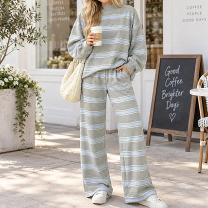 Women’s Cotton-Wool Striped Knit Mock-Neck Pullover & Wide-Leg Pants Set