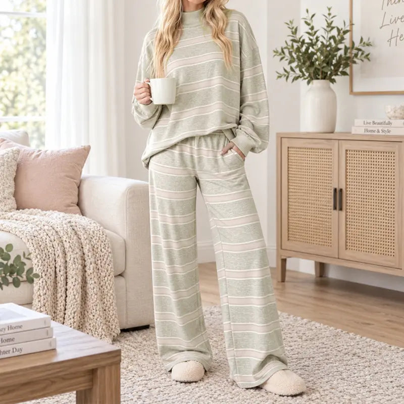 Women’s Cotton-Wool Striped Knit Mock-Neck Pullover & Wide-Leg Pants Set