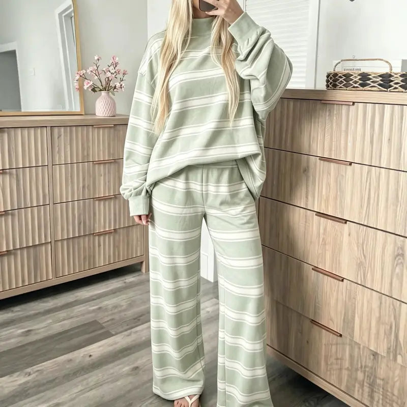 Women’s Cotton-Wool Striped Knit Mock-Neck Pullover & Wide-Leg Pants Set