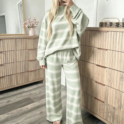 Women’s Cotton-Wool Striped Knit Mock-Neck Pullover & Wide-Leg Pants Set