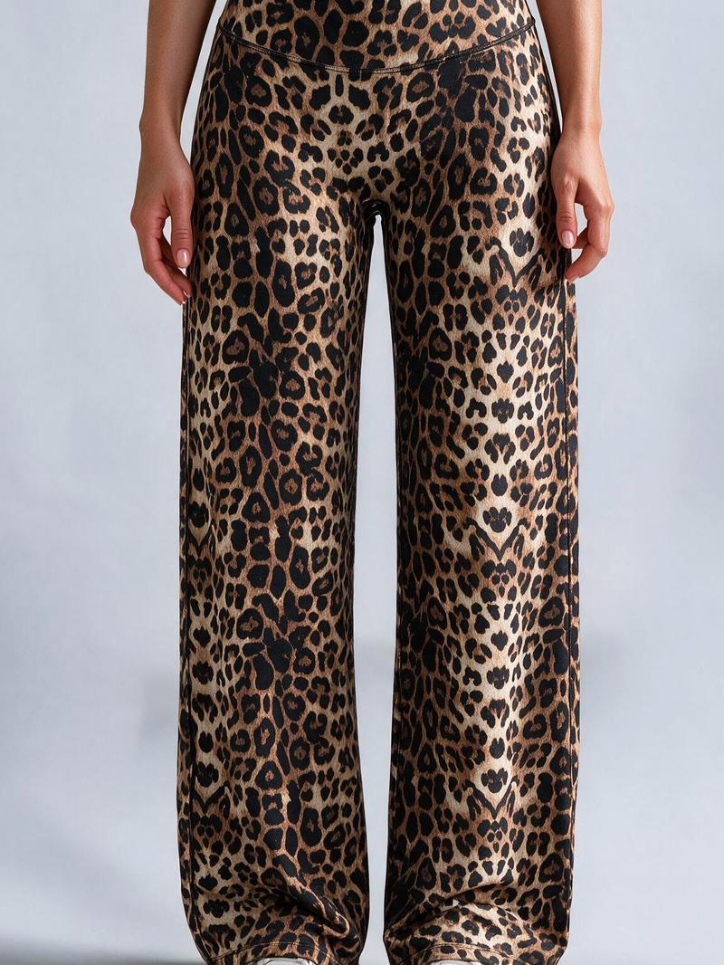 Women’s 100% Lyocell Leopard-Print Wide-Leg Pants with Elastic Waist