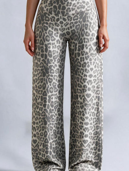 Women’s 100% Lyocell Leopard-Print Wide-Leg Pants with Elastic Waist