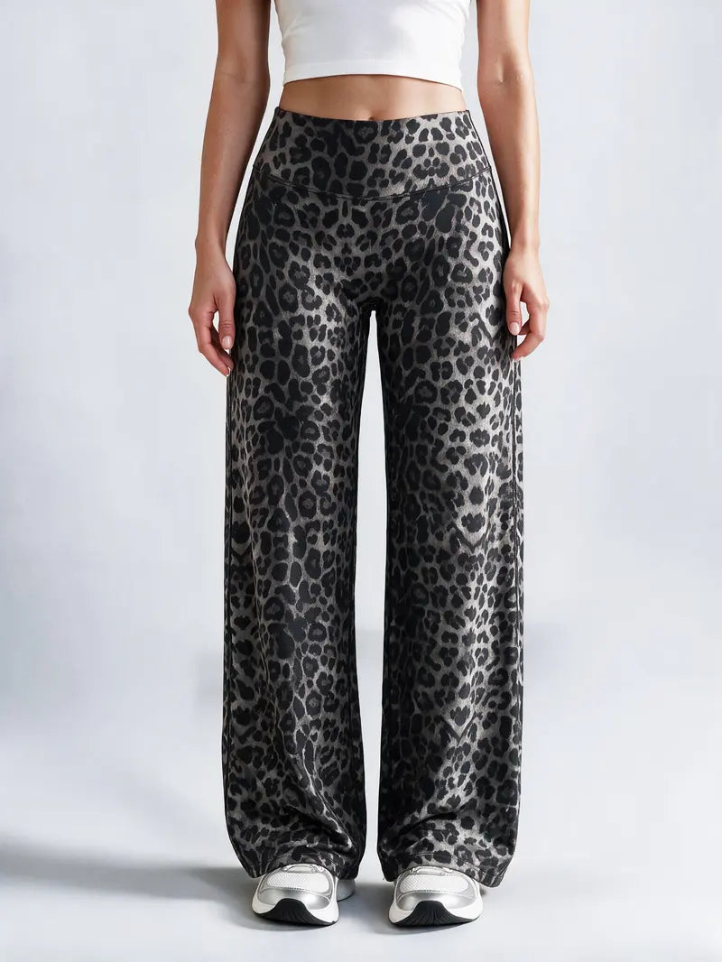 Women’s 100% Lyocell Leopard-Print Wide-Leg Pants with Elastic Waist