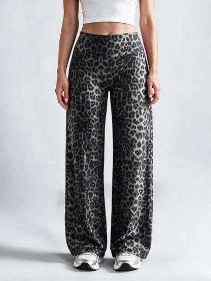 Women’s 100% Lyocell Leopard-Print Wide-Leg Pants with Elastic Waist