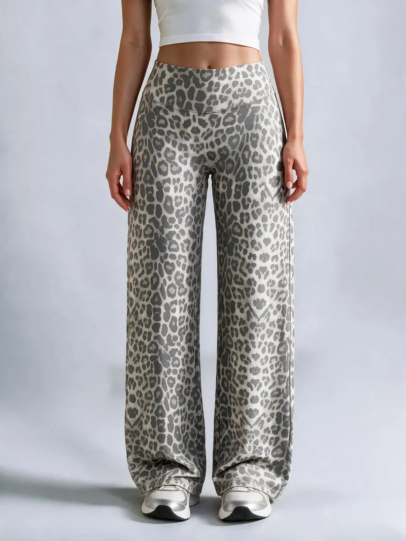 Women’s 100% Lyocell Leopard-Print Wide-Leg Pants with Elastic Waist
