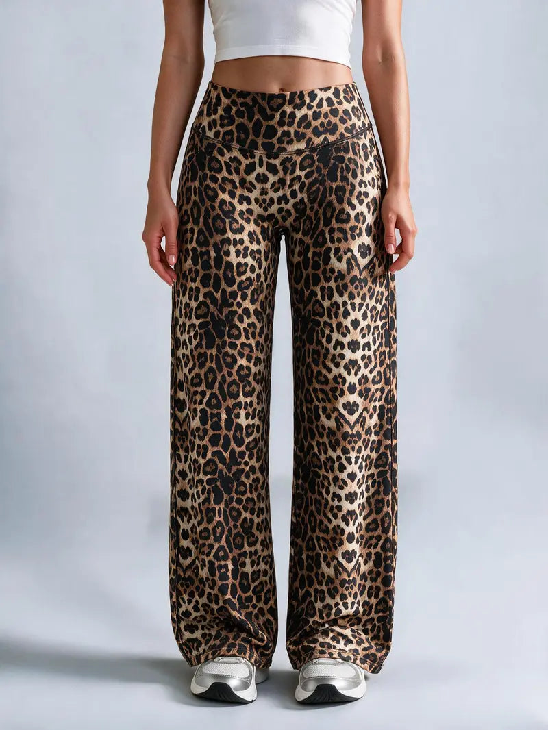 Women’s 100% Lyocell Leopard-Print Wide-Leg Pants with Elastic Waist