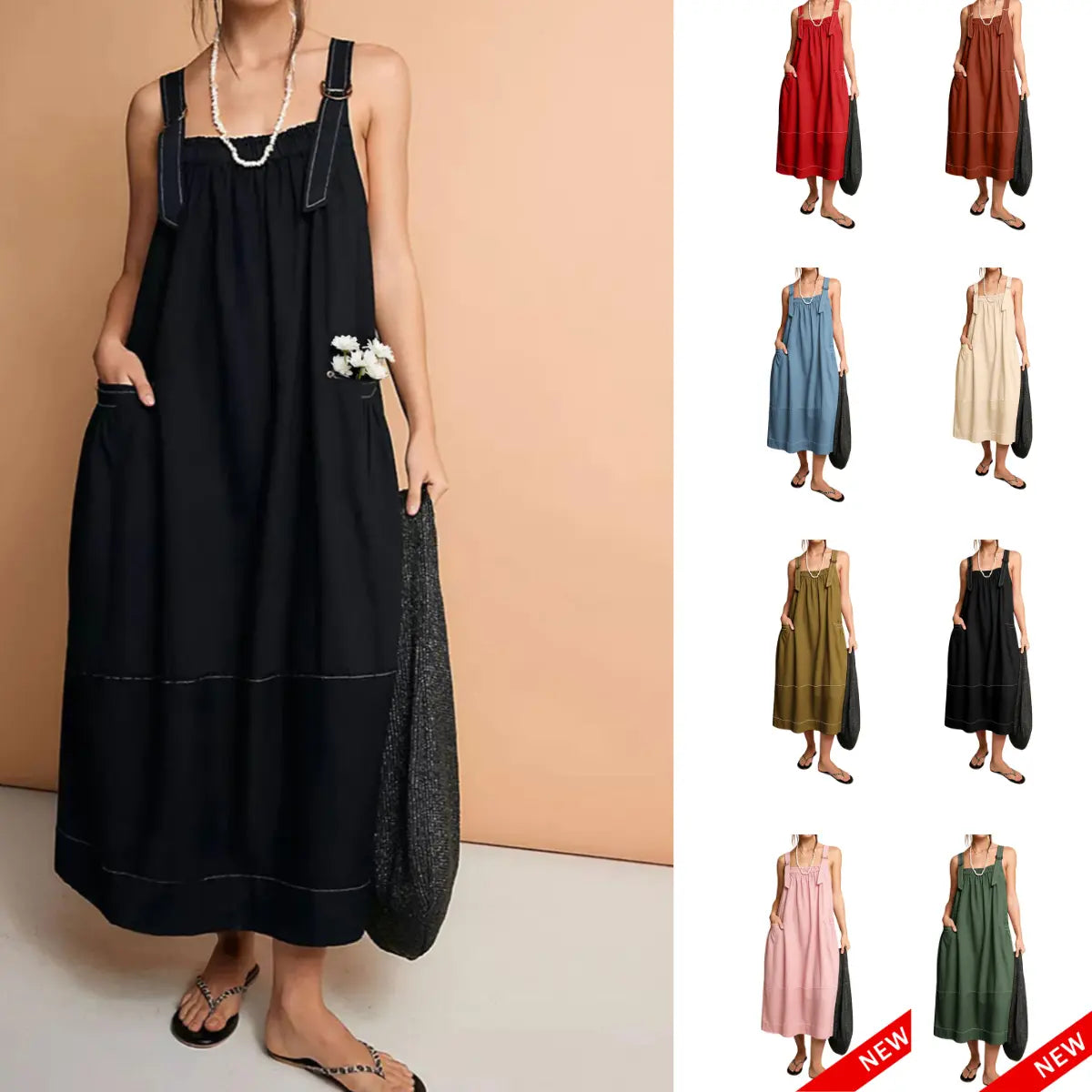 【End of Summer Sale】Women's Barrel Midi Dress Sleeveless Strappy Maxi Dress with Big Pockets