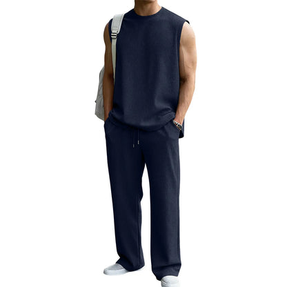 Mens 2 Piece Rib Knit Sweatsuit Summer Sleeveless Tank Top Baggy Wide Leg Pants Set