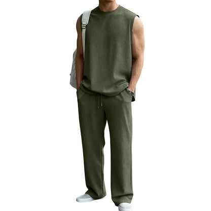 Mens 2 Piece Rib Knit Sweatsuit Summer Sleeveless Tank Top Baggy Wide Leg Pants Set