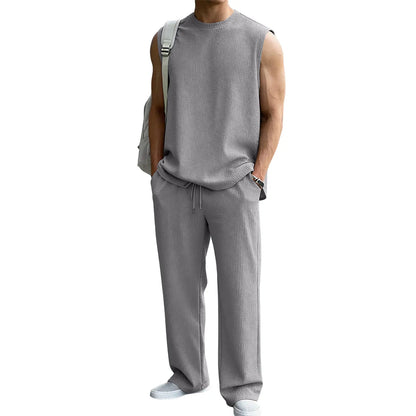 Mens 2 Piece Rib Knit Sweatsuit Summer Sleeveless Tank Top Baggy Wide Leg Pants Set
