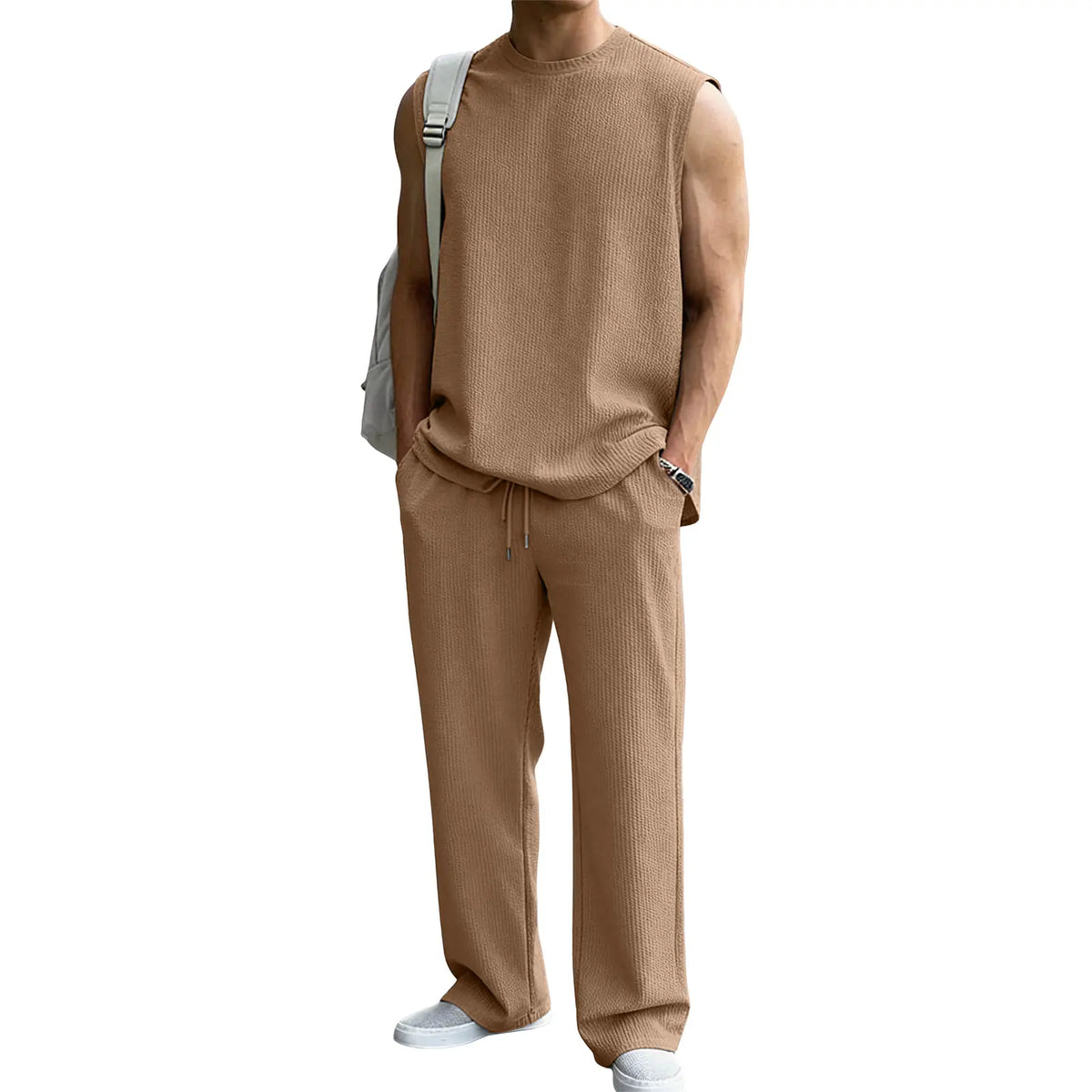 Mens 2 Piece Rib Knit Sweatsuit Summer Sleeveless Tank Top Baggy Wide Leg Pants Set