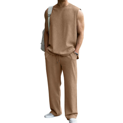 Mens 2 Piece Rib Knit Sweatsuit Summer Sleeveless Tank Top Baggy Wide Leg Pants Set