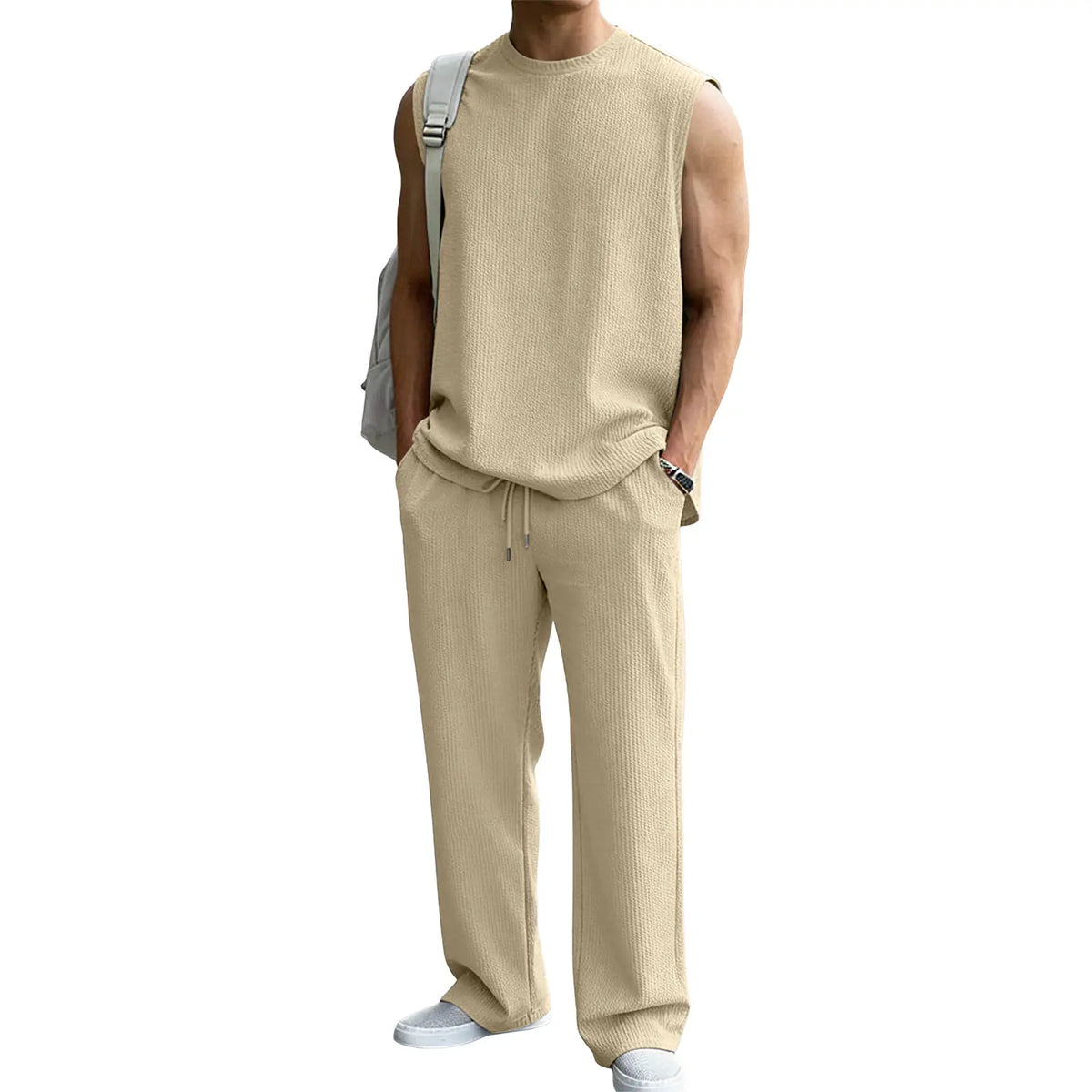Mens 2 Piece Rib Knit Sweatsuit Summer Sleeveless Tank Top Baggy Wide Leg Pants Set